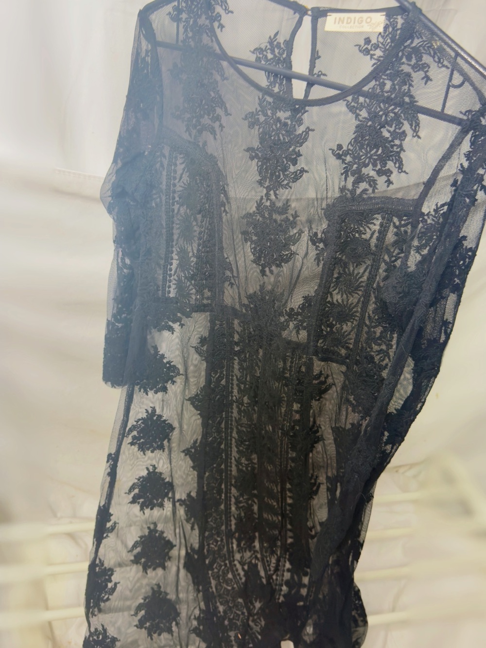 Indigo Black Sheer Embroidered Lace Top